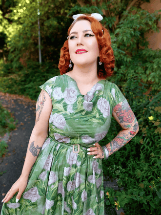 1960er Grünes Ölmalerei Rosenkleid