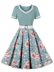 [Vorverkauf] Blau 1950er Floral Patchwork Swing Kleid