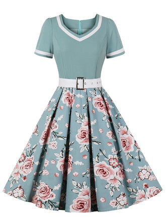 [Vorverkauf] Blau 1950er Floral Patchwork Swing Kleid