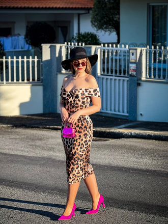 SCHULTERFREIES LEOPAR BLEISTIFT KLEID