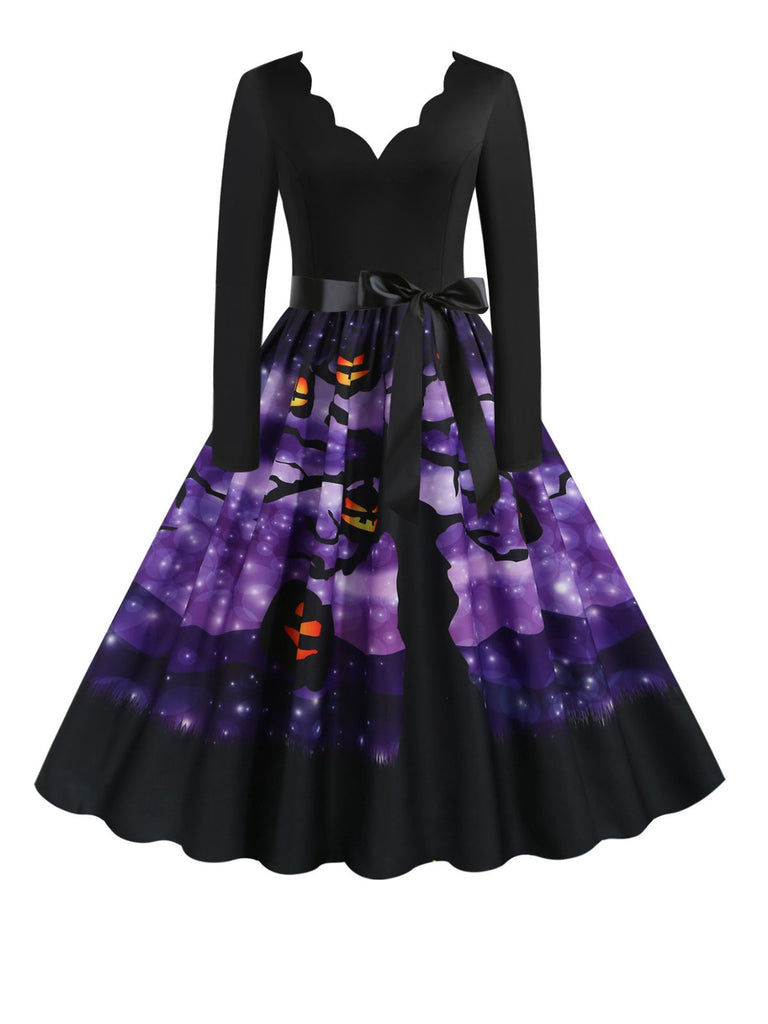 Schwarzes 1950er Halloween V-Ausschnitt Kürbis Swing Kleid