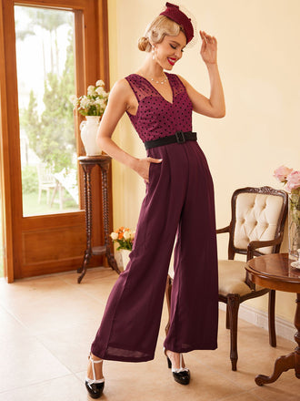 Weinroter 1950er Polka Dot Gürtel Jumpsuit