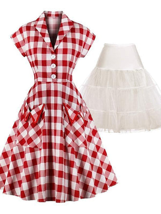 2PCS ROT PLAID 1950ER KLEID & WEISS UNTERROCK