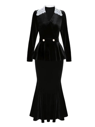 2PCS 1930er Solide Samt Top & Meerjungfrau Rock