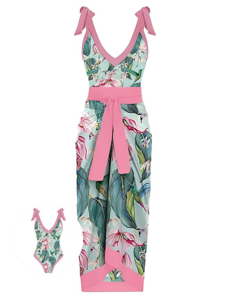 1950s V-Ausschnitt Blumen Schnürung Badeanzug & Cover Up