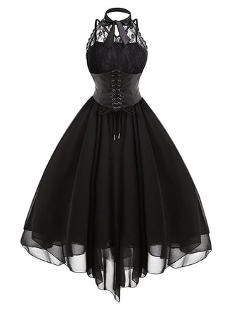 Schwarz 1950er Gothic Steampunk Spitze Kleid