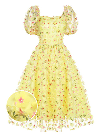 Gelb 3D Blumen Puffärmel Schwungkleid