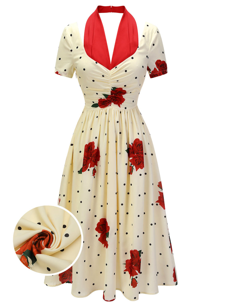 Beige 1930er Polka Dot Rose Patchwork Kleid