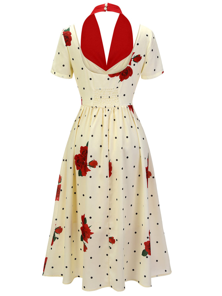 Beige 1930er Polka Dot Rose Patchwork Kleid