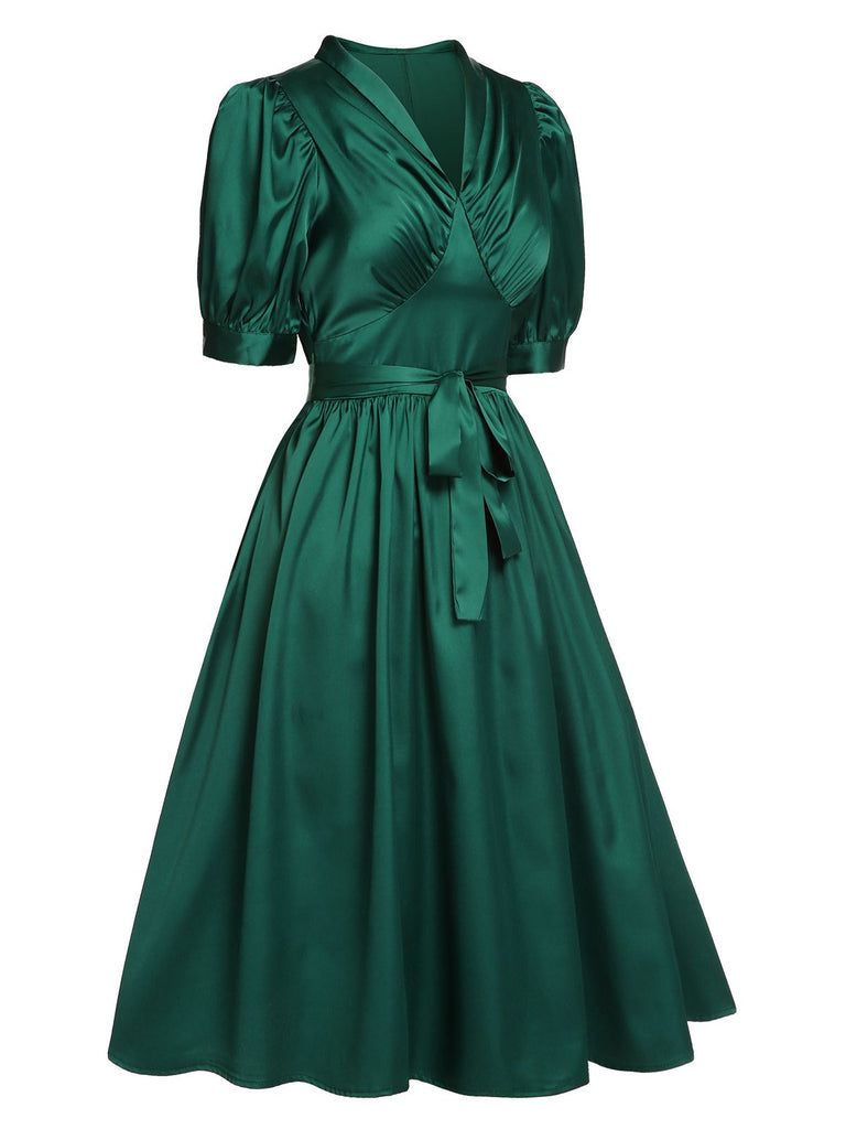 Dunkelgrünes 1940er V-Ausschnitt Kleid