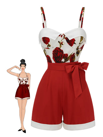 Roter 1950er Floral Strap Patchwork Romper