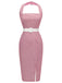 Rosa 1950er Halter Streifen Belted Bodycon Kleid