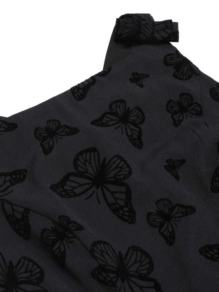 Schwarzes 1950er Schmetterling Beflockung Mesh Kleid