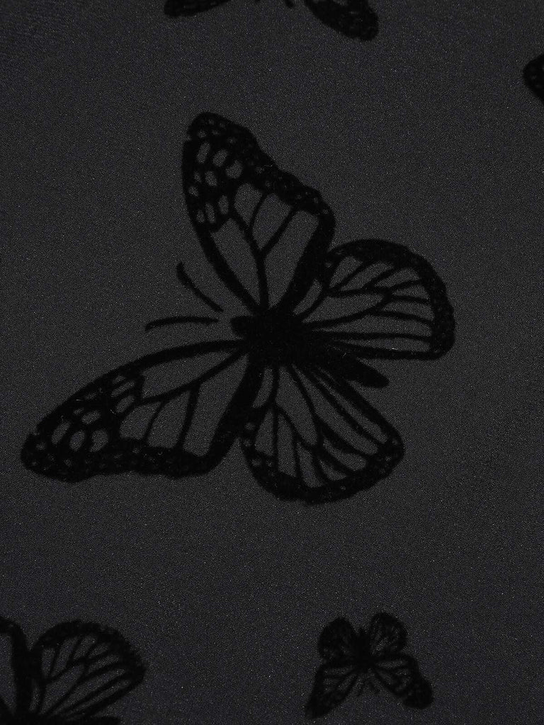 Schwarzes 1950er Schmetterling Beflockung Mesh Kleid