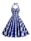 Marineblau 1950er Kariertes Halter Swing Kleid