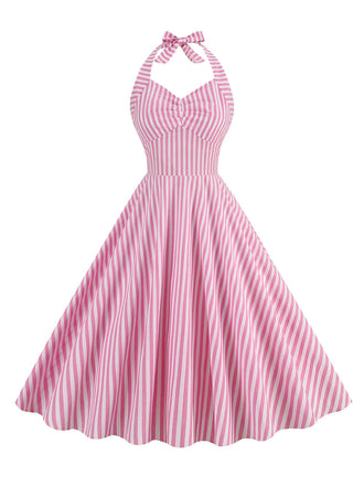 Rosa 1950er Streifen Halter Swing Kleid