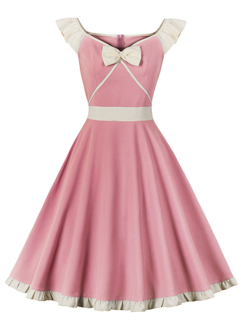 Rosafarbenes 1950er Swingkleid mit herzförmigem Kragen und Schleife