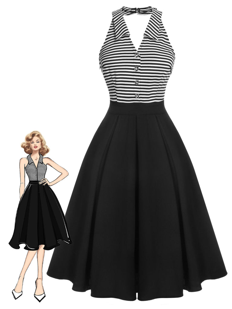 Schwarzes 1950er Streifen Revers Halter Patchwork Kleid