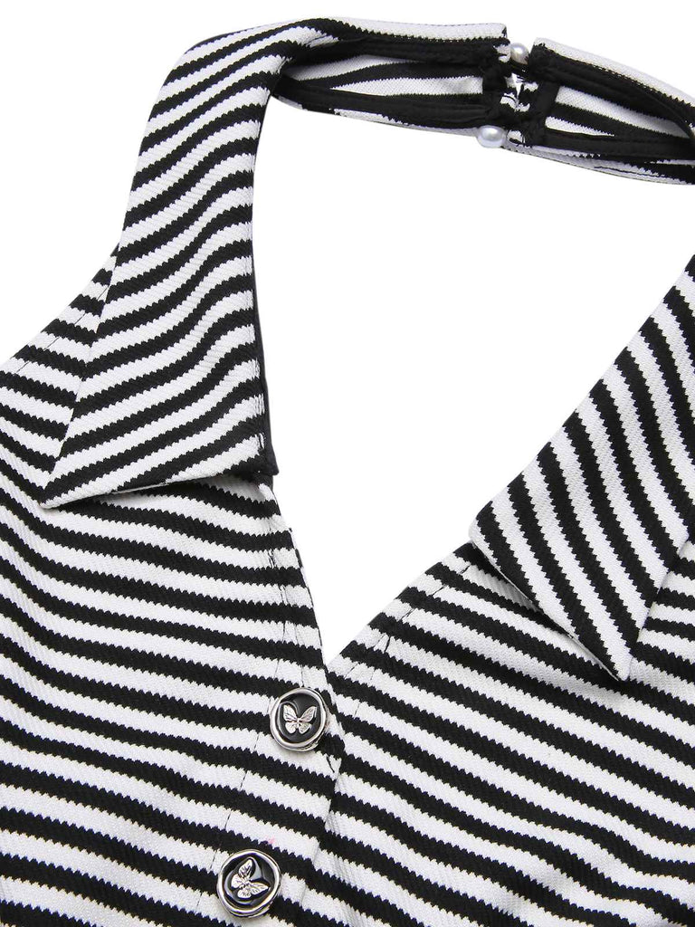 Schwarzes 1950er Streifen Revers Halter Patchwork Kleid