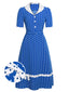 Blau-weißes 1940er Kleid mit gepunktetem Revers