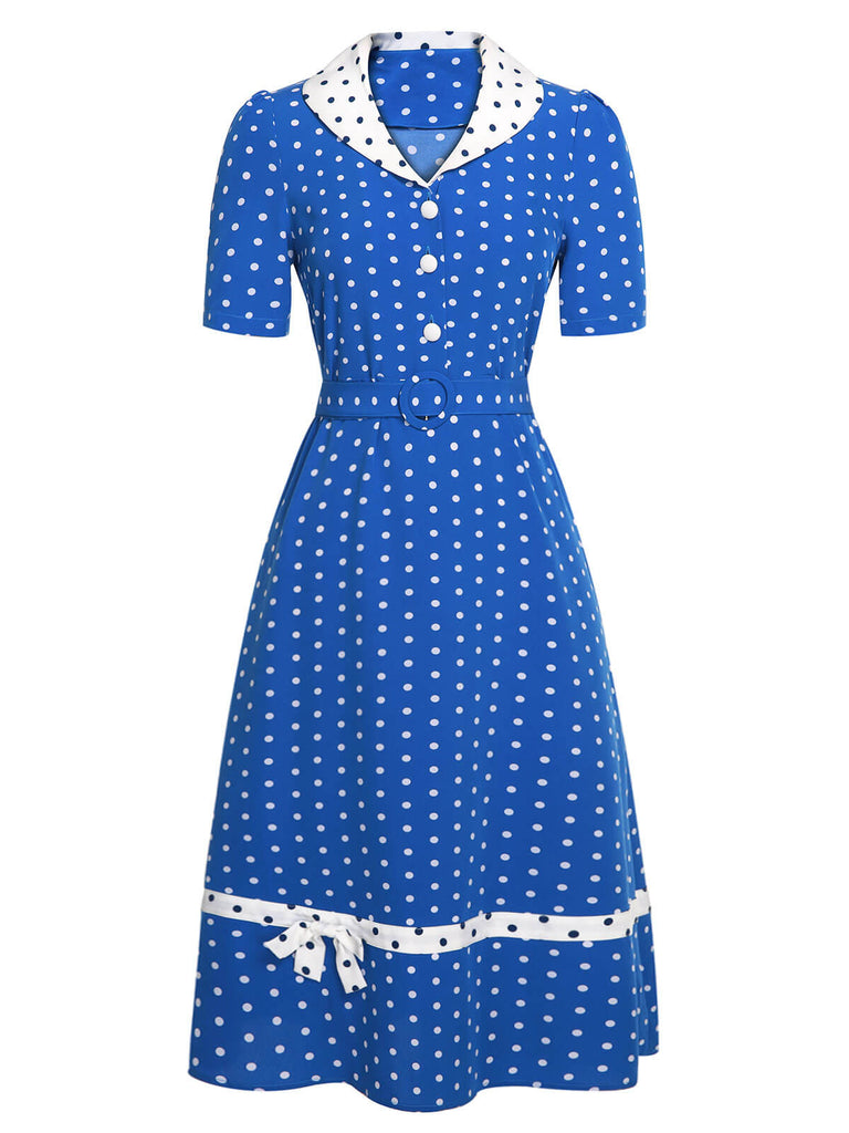 Blau-weißes 1940er Kleid mit gepunktetem Revers