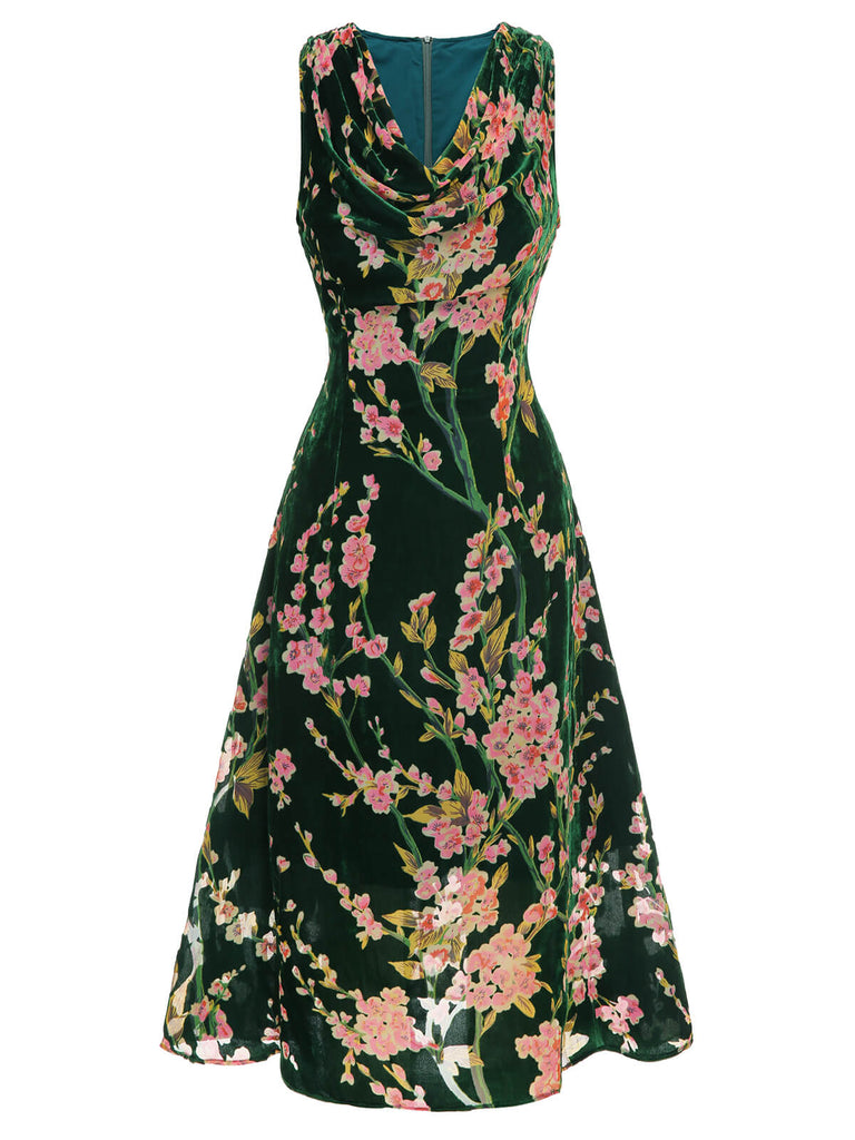 Grünes 1930er Kleid aus geblümtem Samt ohne Ärmel
