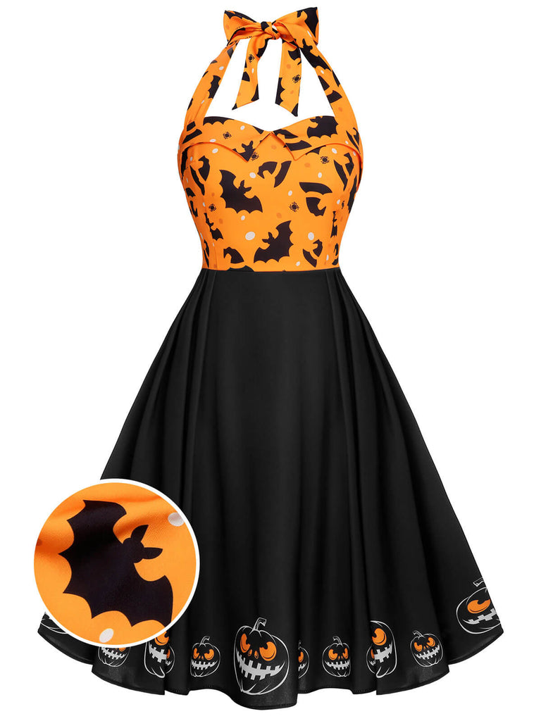 [Vorverkauf] Schwarzes 1950er Halloween Kürbis Fledermaus Trägerkleid