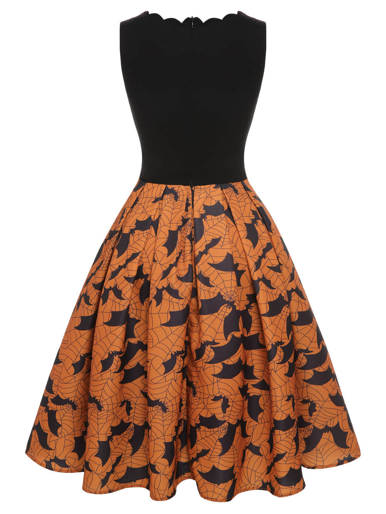 Schwarz & Orange 1950er Halloween Fledermaus ärmelloses Kleid