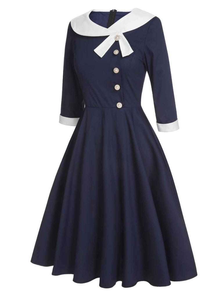 Dunkelblaues 1950er Revers Patchwork-Kleid