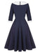 Dunkelblaues 1950er Revers Patchwork-Kleid