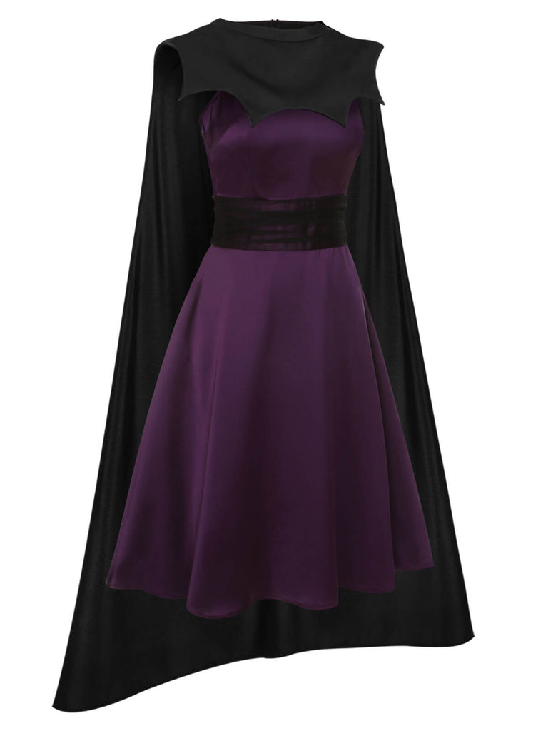 [Vorverkauf] 2PCS 1950s Deep Purple Kleid & Schwarzer Fledermausmantel