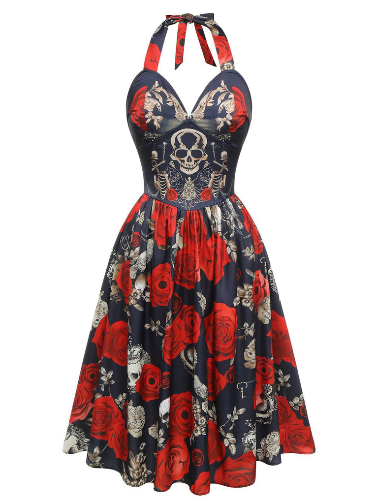 [Vorverkauf] Schwarzes 1950er Sweetheart Skeleton Rose Swing Kleid