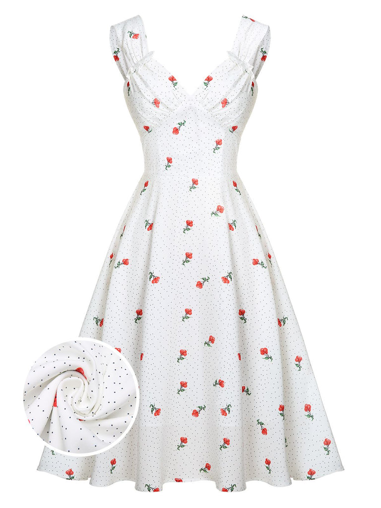 [Vorverkauf] Weißes Satin Kirsch Pünktchen Kleid