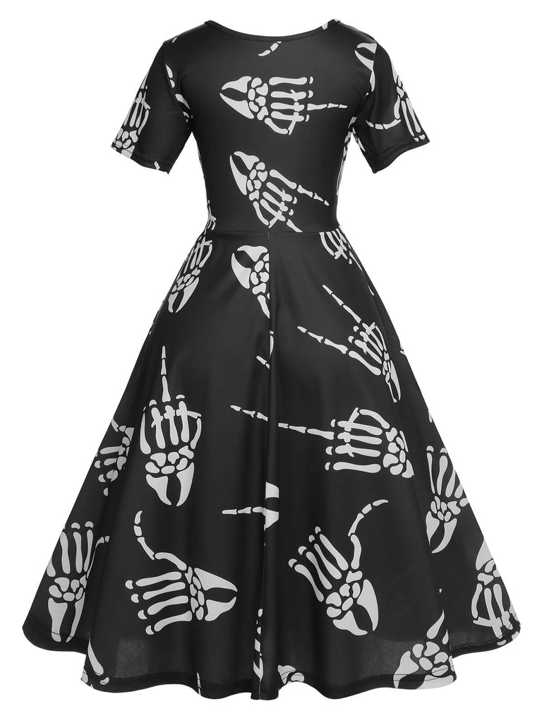 Schwarzes Halloween Skelett Hände Kurzärmeliges Kleid