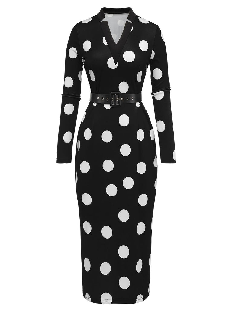 Schwarzes 1960er Polka Dot V-Ausschnitt Kleid