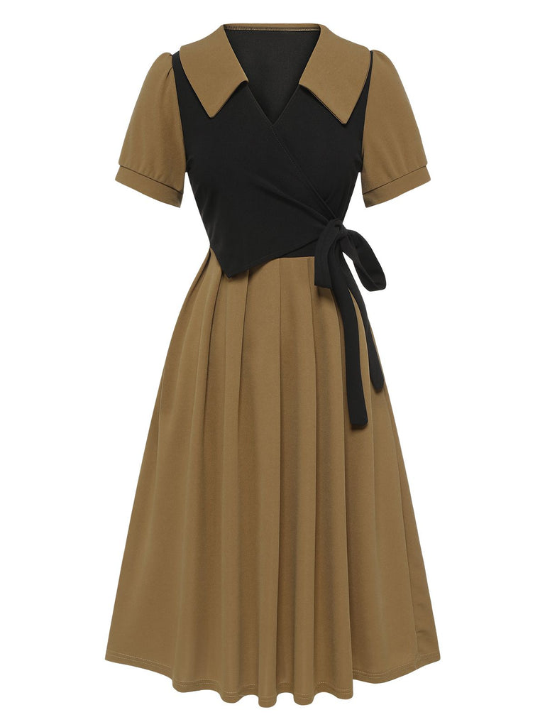 Khaki 1940er Gefälschte 2PCS Revers A-Linie Kleid