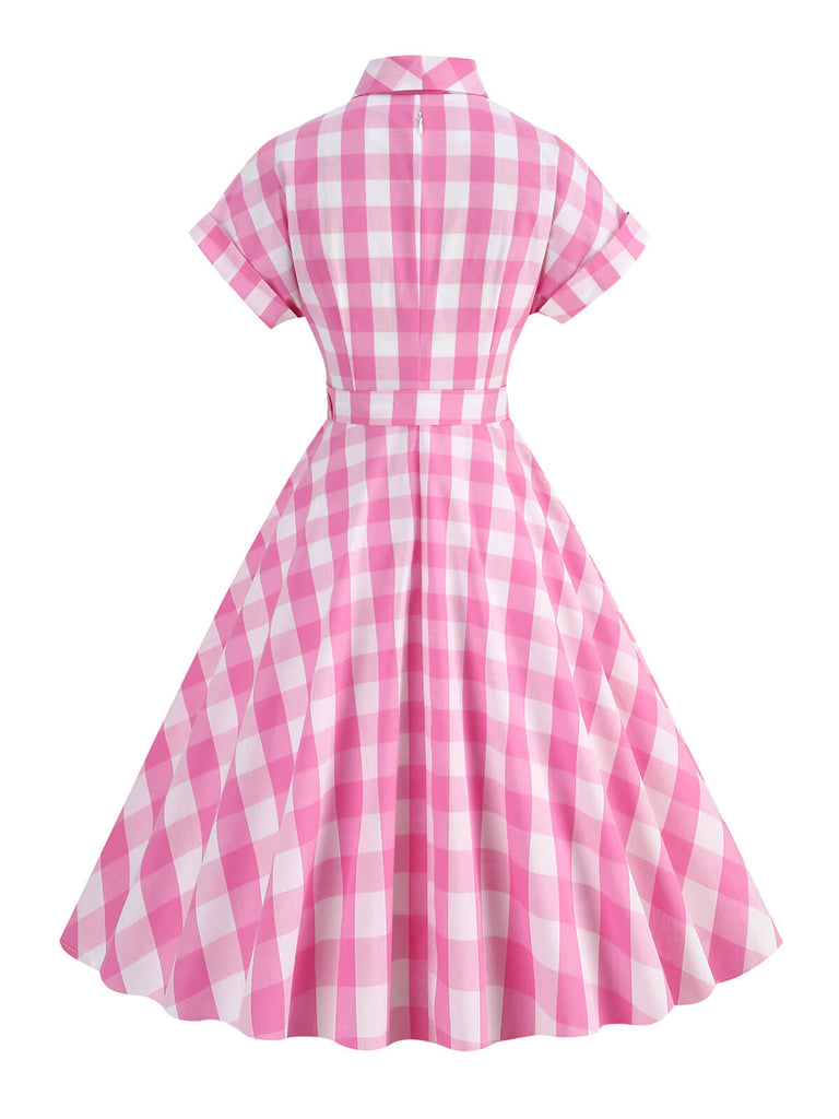 1950er Kariertes Swing-Kleid mit Schleife und Revers