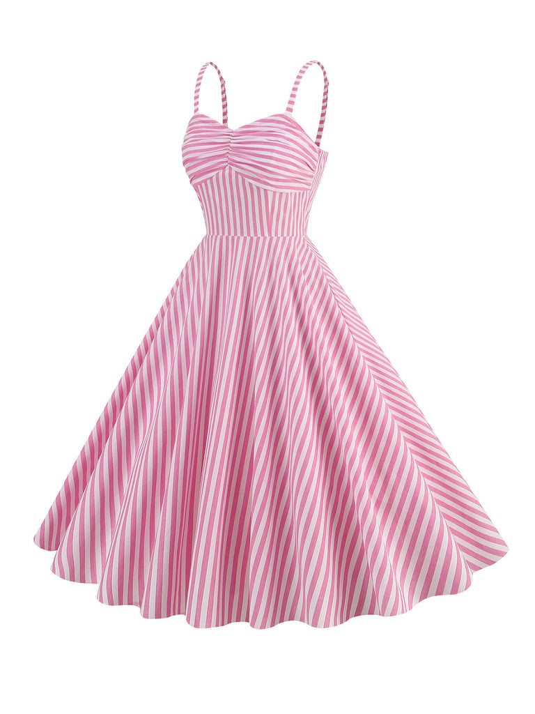 Rosa 1950er Spaghetti Strap Stripes Swing Kleid