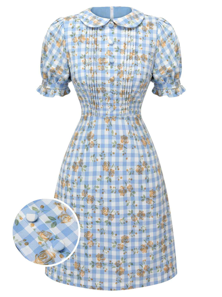 Blaues 1960er Puffärmel-Kleid mit Blumenmuster
