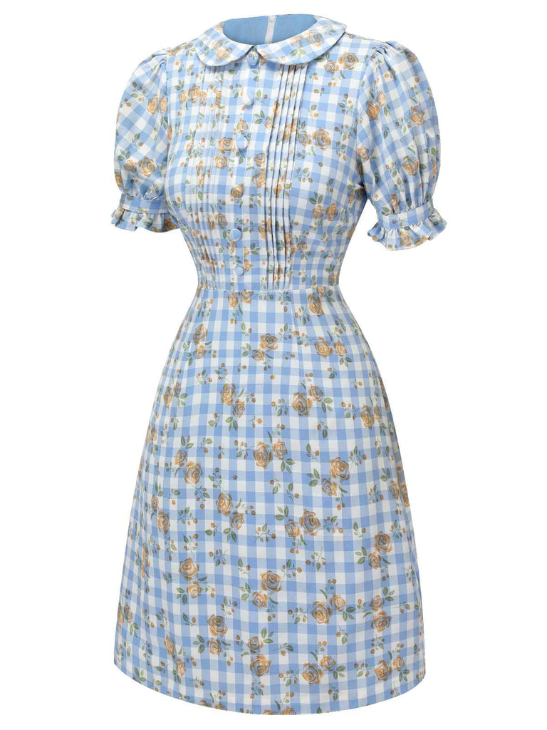 Blaues 1960er Puffärmel-Kleid mit Blumenmuster