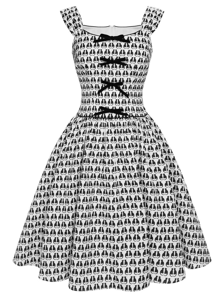 1950er Halloween-Katzenprint-Samtschleifenkleid