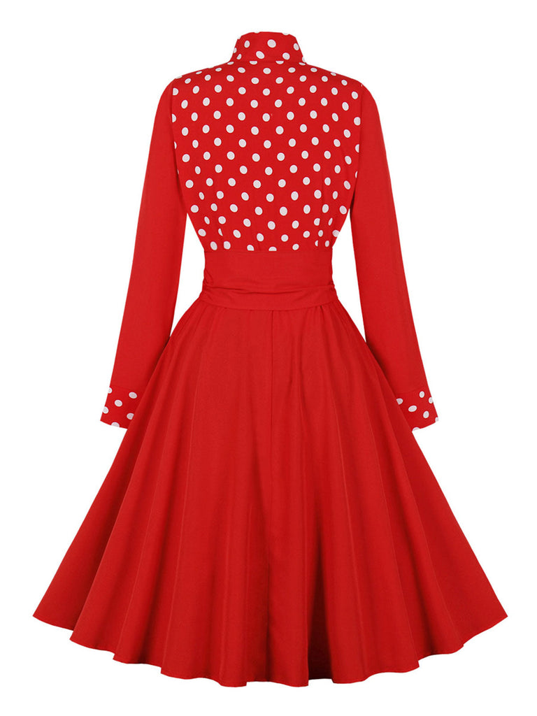 Rot 1950er Polka Dot Patchwork Fliege Kleid