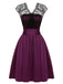 Dunkelviolettes 1950er Spitzen-Patchwork-Kleid mit V-Ausschnitt