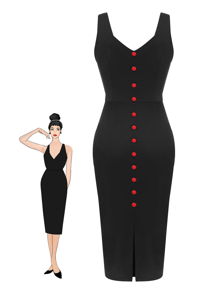 Schwarzes 1960er V-Ausschnitt Bodycon Kleid