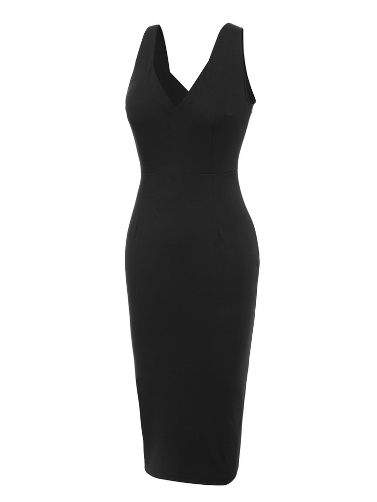 Schwarzes 1960er V-Ausschnitt Bodycon Kleid