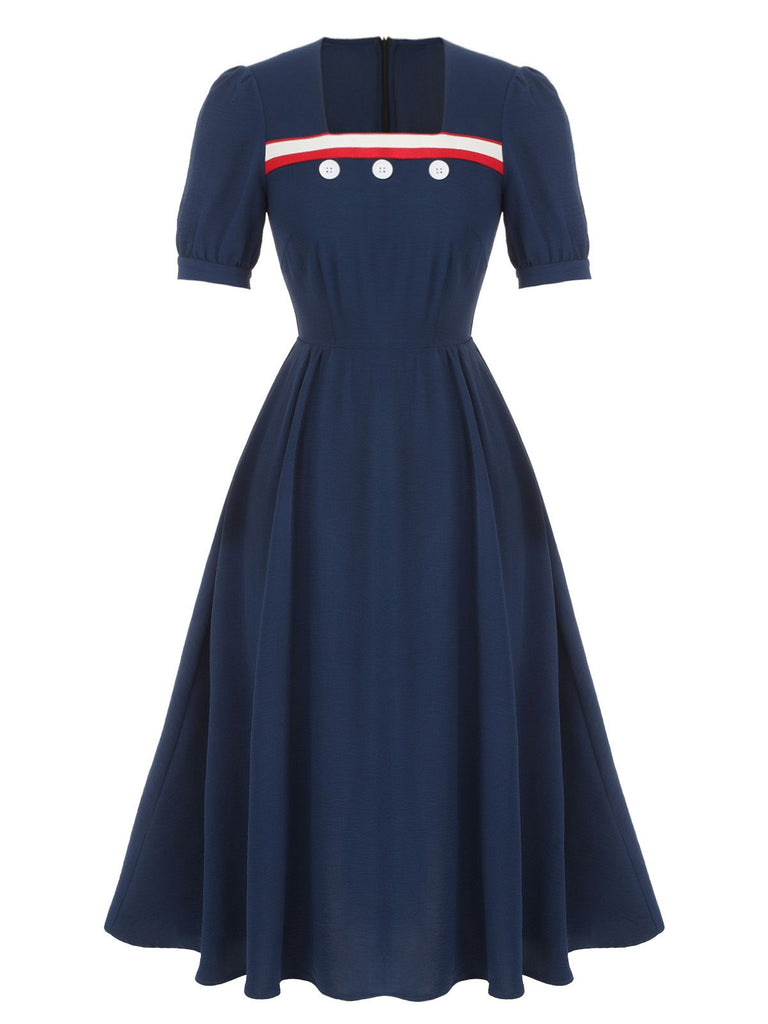 Dunkelblaues 1930er Kleid mit quadratischem Ausschnitt und Knopfleiste