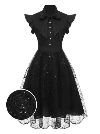 Gothic Schwarzes 1950er Halloween Pailletten Spinnennetz Kleid