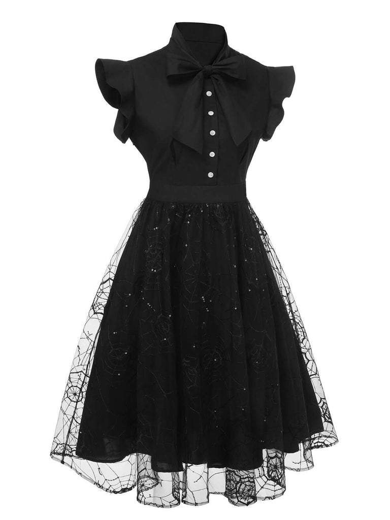 Schwarzes 1950er Halloween Pailletten Spinnennetz Kleid