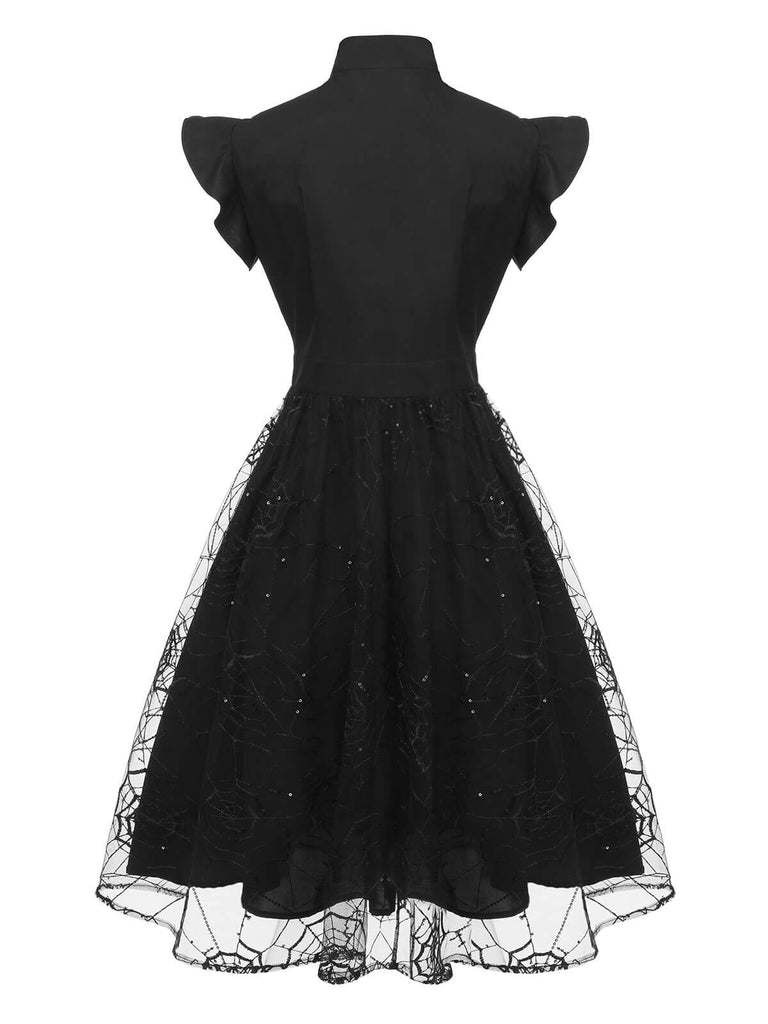 Schwarzes 1950er Halloween Pailletten Spinnennetz Kleid