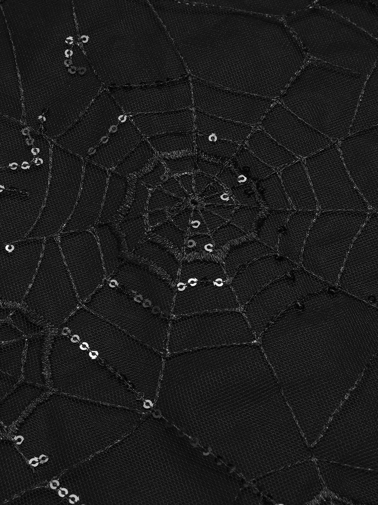 Schwarzes 1950er Halloween Pailletten Spinnennetz Kleid